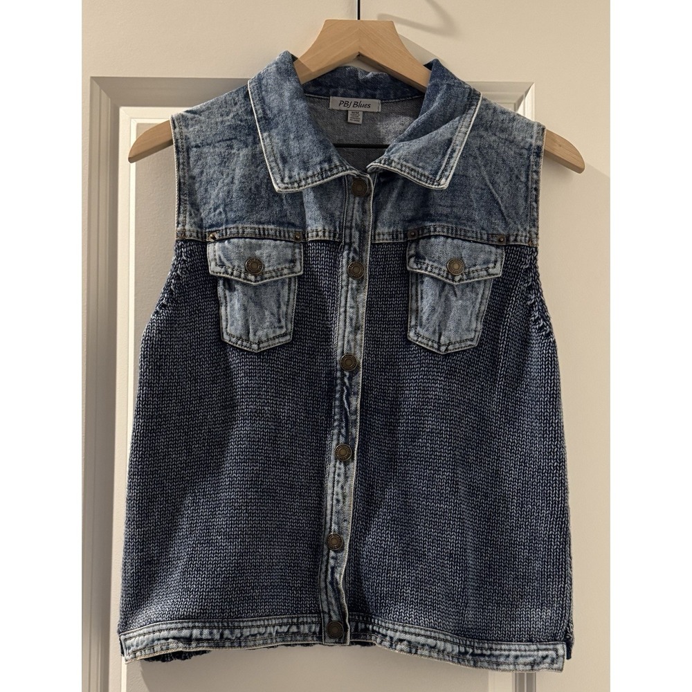 Vintage PBJ Blues Denim Sweater Vest Womens M Acid Wash Button Front Cottagecore